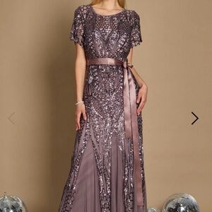 R&M Richards Mocha Short Sleeve Sequin and Mesh Gown 8